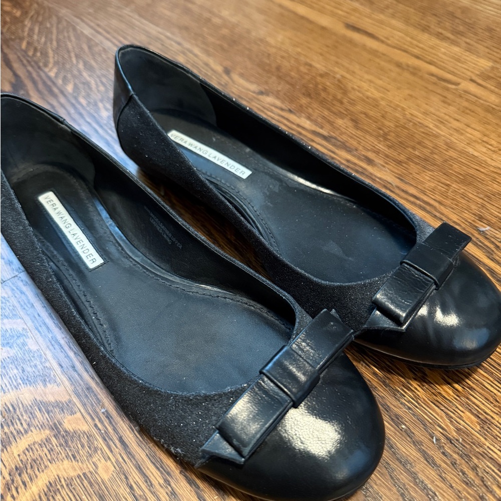 Vera Wang Lavender Label Black Leather & Sparkle Bow Flats